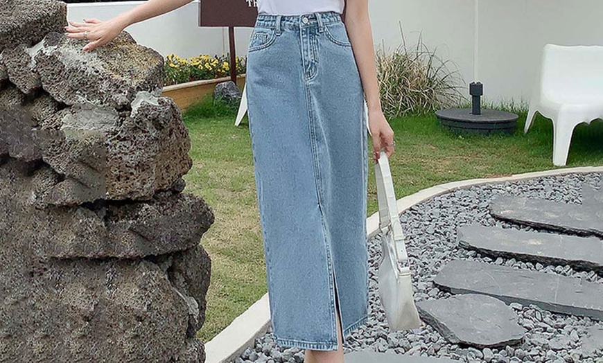 Image 4: High Waist Ankle-Length Denim Skirt