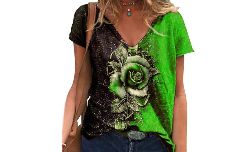 Image 4: Rose Print Two-Colour Short-Sleeved Top