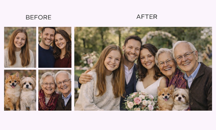 Image 3: Create One Image: Custom Digital Family Photo Merge– Add People /Pets
