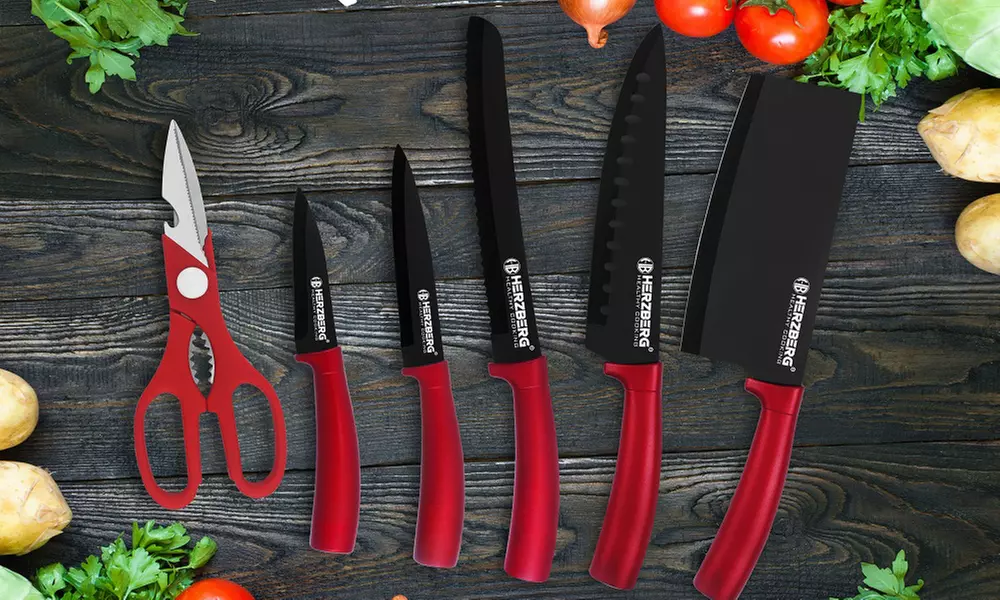 Ensemble 8 pièces avec couteaux, aiguiseur, ciseaux et support