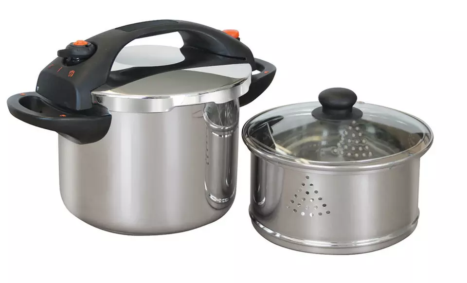 Manttra 8 Qt. or 5-in-1 Stainless Steel Pressure Cooker from $59.99–$79.99. Free Returns. - Second Medium