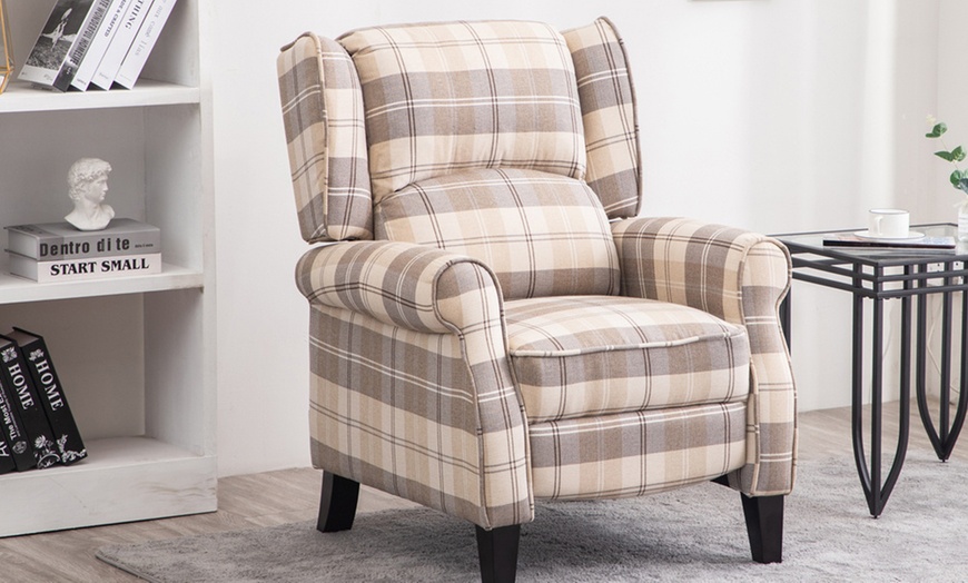 Image 1: Fabric Tartan Motion Reclining Armchair