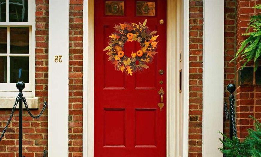 Image 8: Artificial Autumn Halloween Prelit Wreath Thanksgiving Decorations