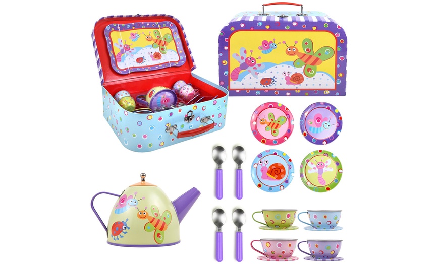 Image 16: 18-Piece Pretend Play Metal Tea Set with Carry Case