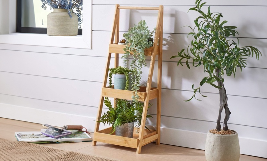 Image 1: Bamboo Three Tier Ladder Plant Stand