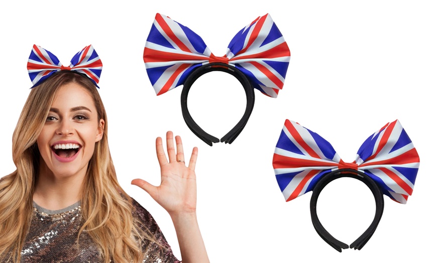 Image 1: One, Two or Four Great Britain Union Jack Flag Bow Headbands