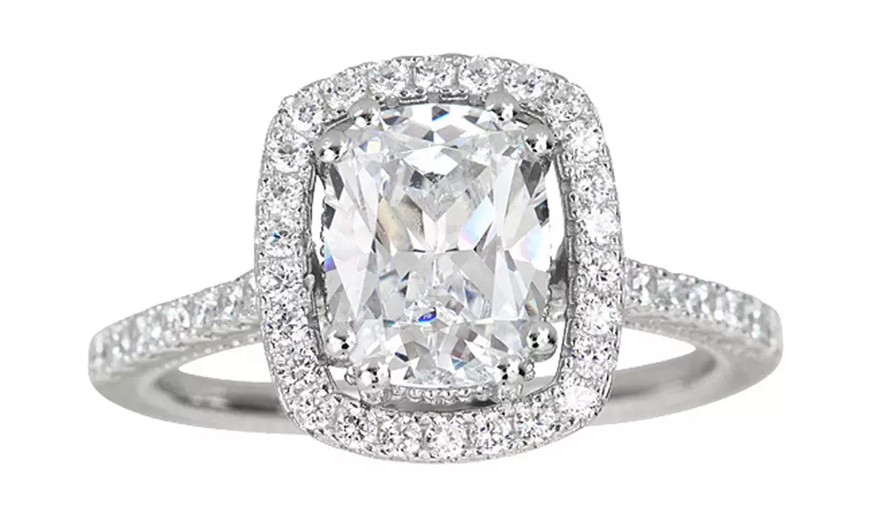 Sterling Silver 9mm Radiant Cut Cubic Zirconia Halo Pave Engagement Ring - Primary Image