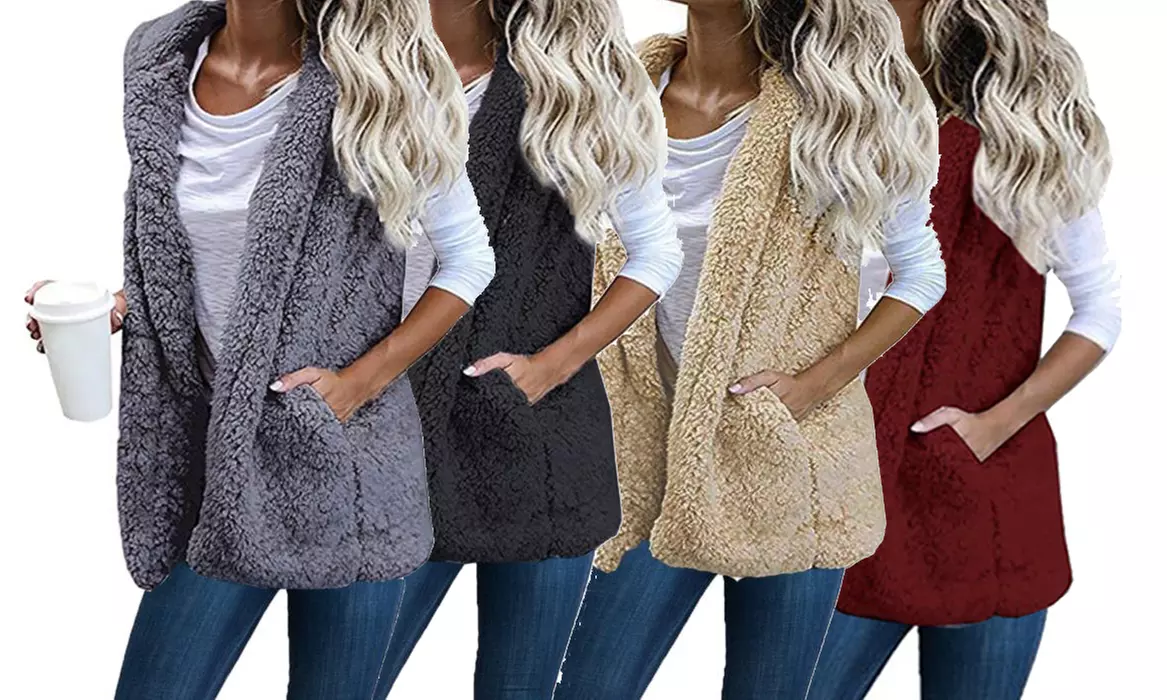 Gilet femme sans manches en polaire avec poches et capuche - Primary Image