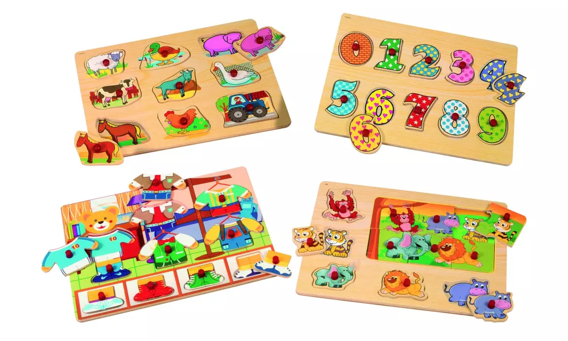 Kit de 4 puzzles en bois pour enfant, avec boutons à saisir - Primary Image