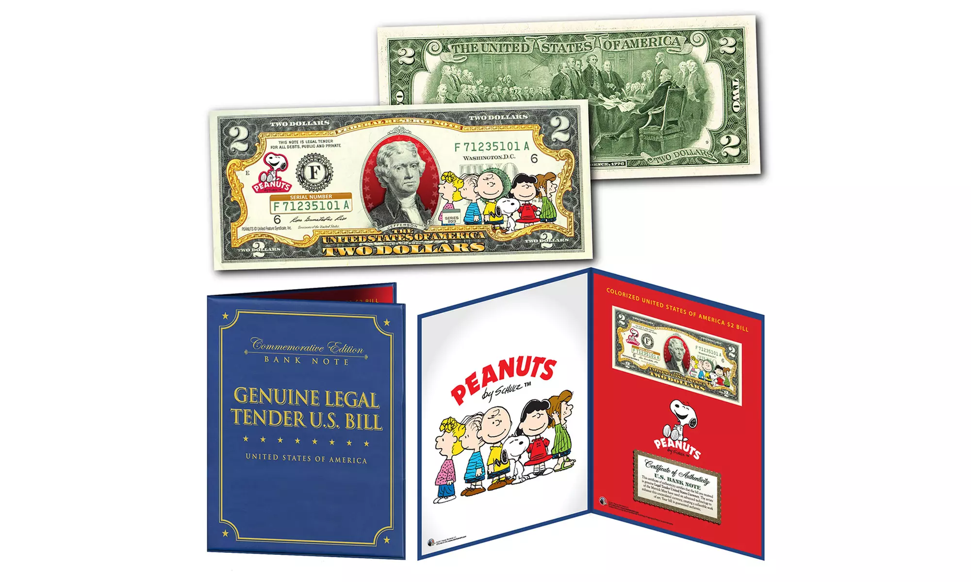 Peanuts Charlie Brown & Gang U.S. Two-Dollar Bill in Large Collector's Display  - Primary Image