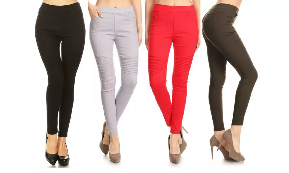 Women's Pleated Stretch Skinny Biker Jeggings - Primary Image