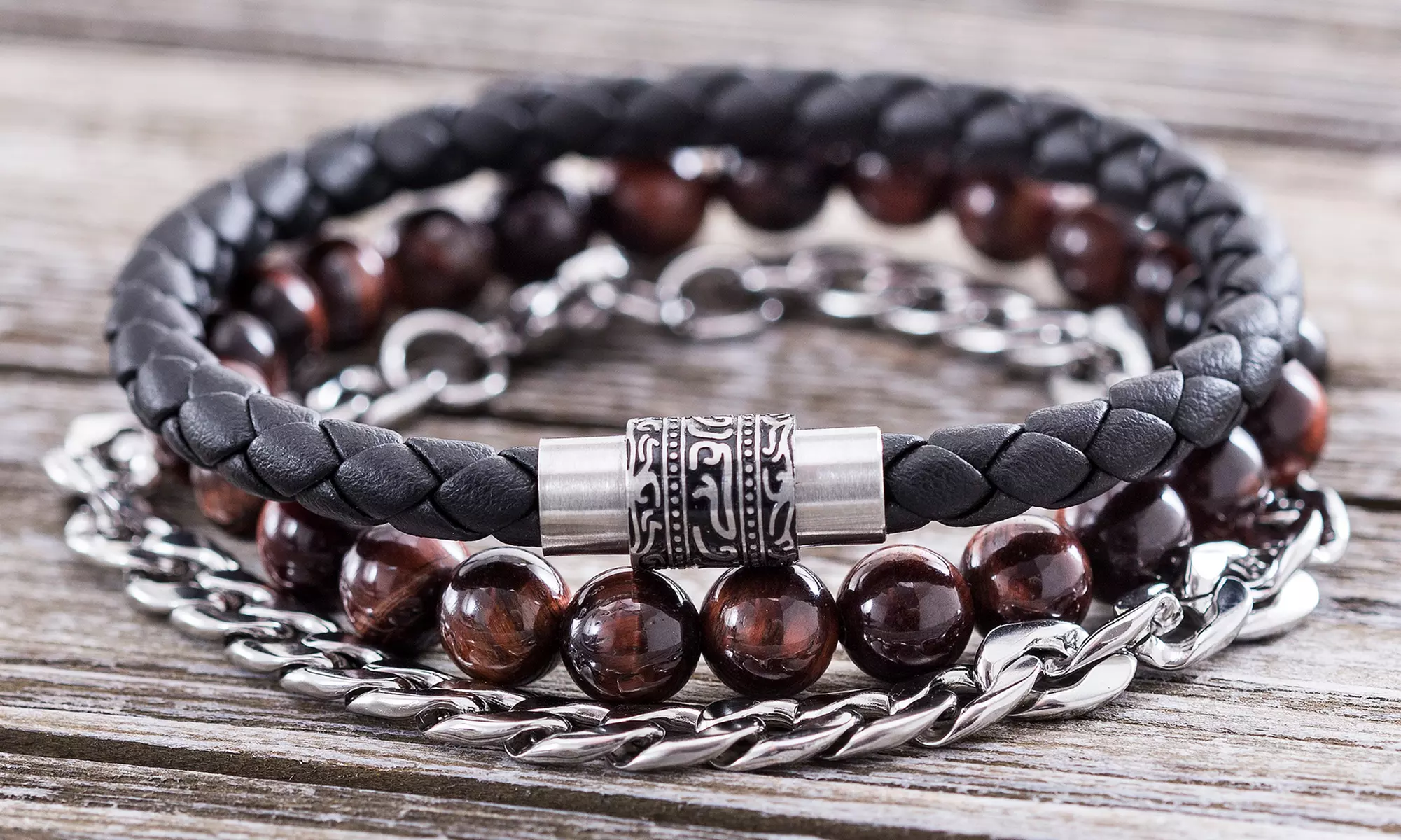 Men's Tigers Eye Bead, Curb Chain, and Leather Bracelet Set by Simply Steel - Primary Image