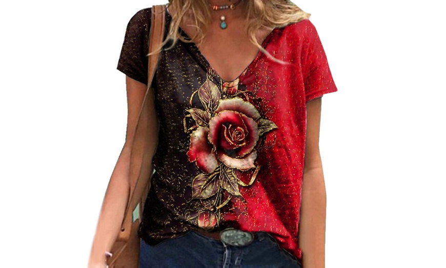 Image 3: Rose Print Two-Colour Short-Sleeved Top