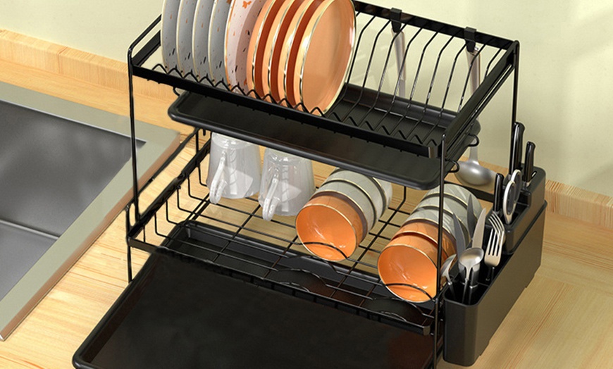 Image 8: Black 2-Tier Dish Drying Rack with Drain Trays and Utensil Holder