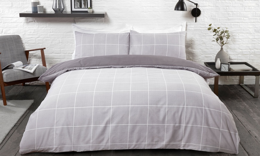 Image 1: Reversible Polycotton Grid Checked Duvet Set