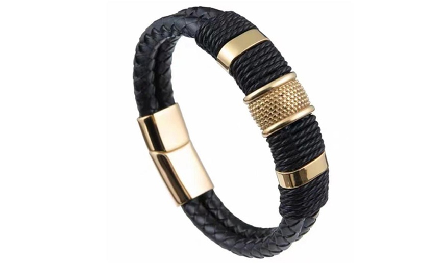 Image 3: Men's Braided Double Layer Stainless Steel Bracelet