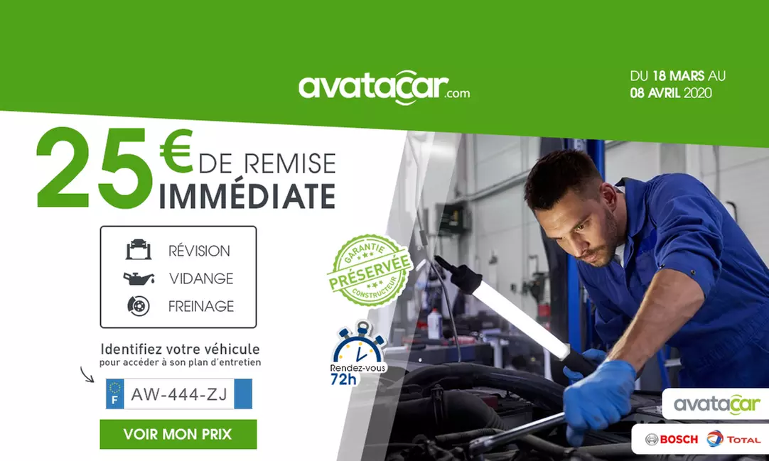 Remise immédiate de 25 € sur la révision, la vidange et le freinage sur le site Avatacar à 0 € - Primary Image