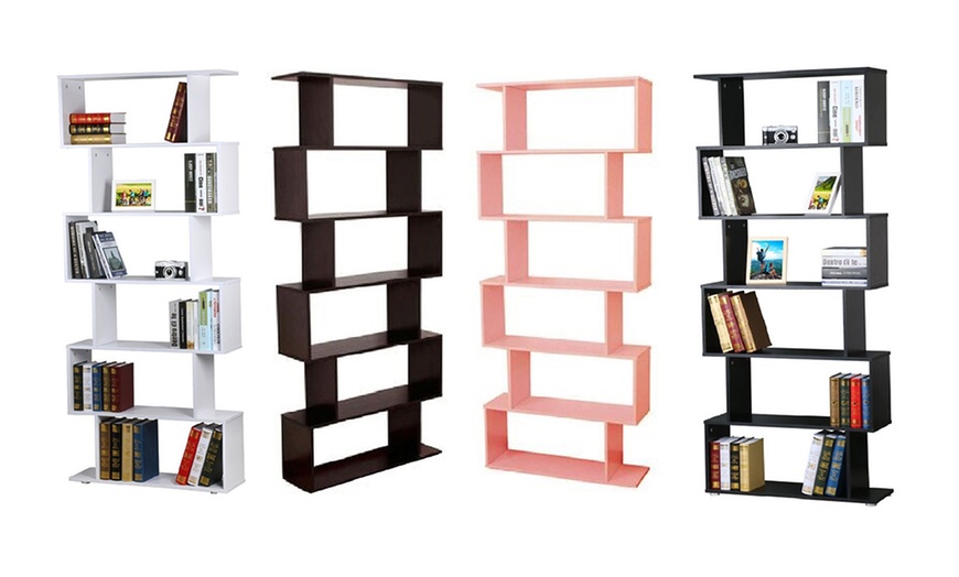 Image 1: Six-Shelf S-Shaped Bookshelf