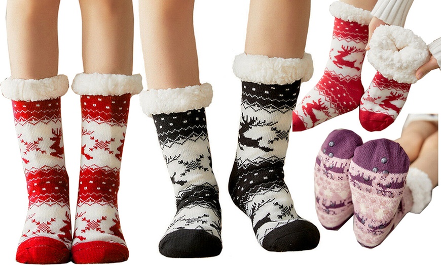 Image 1: Festive Warm Sherpa Fur Slipper Socks