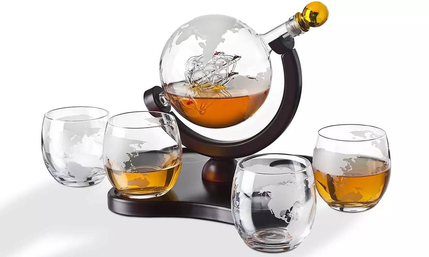 Godinger Crystal Globe Whiskey Decanter Set (1-, 3-, and 5-Piece) - Primary Image