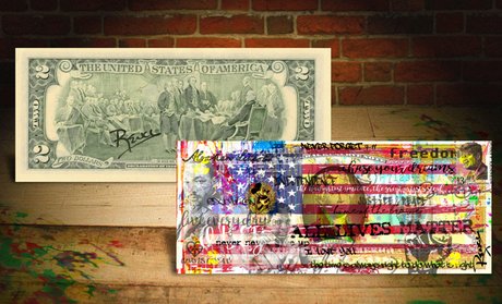 American Flag Freedom Pop Art on Genuine $2 Bill Hand signed by the...