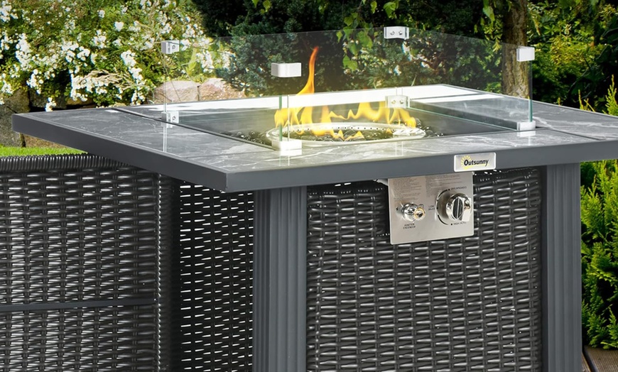 Image 2: Outsunny Outdoor PE Rattan Gas Fire Pit Table