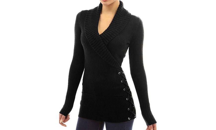 Image 5: Shawl Collar Lace-Up Sweater