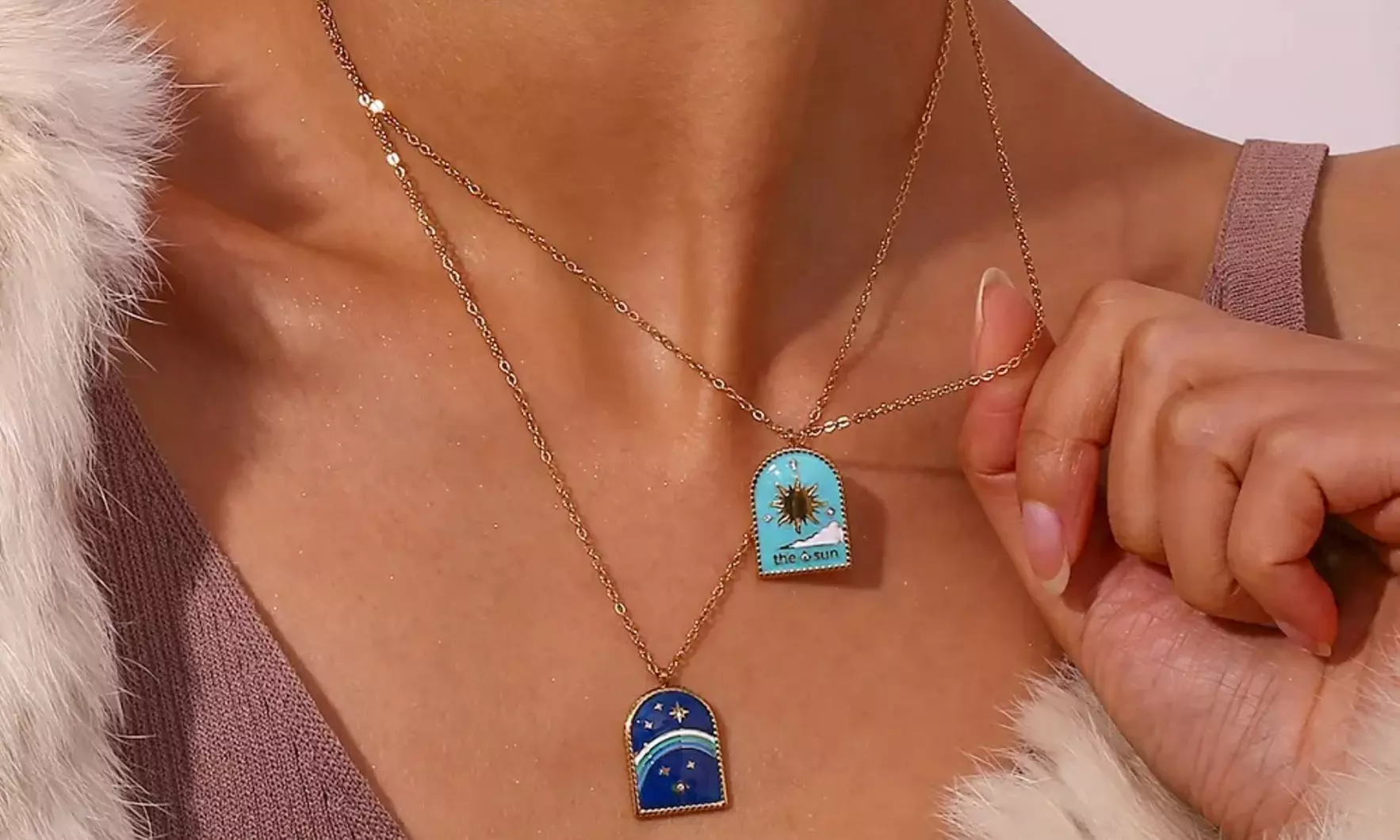 Set van 2 kettingen van verguld roestvrijstaal met hemelsblauwe en middernachtblauwe hangers - Primary Image