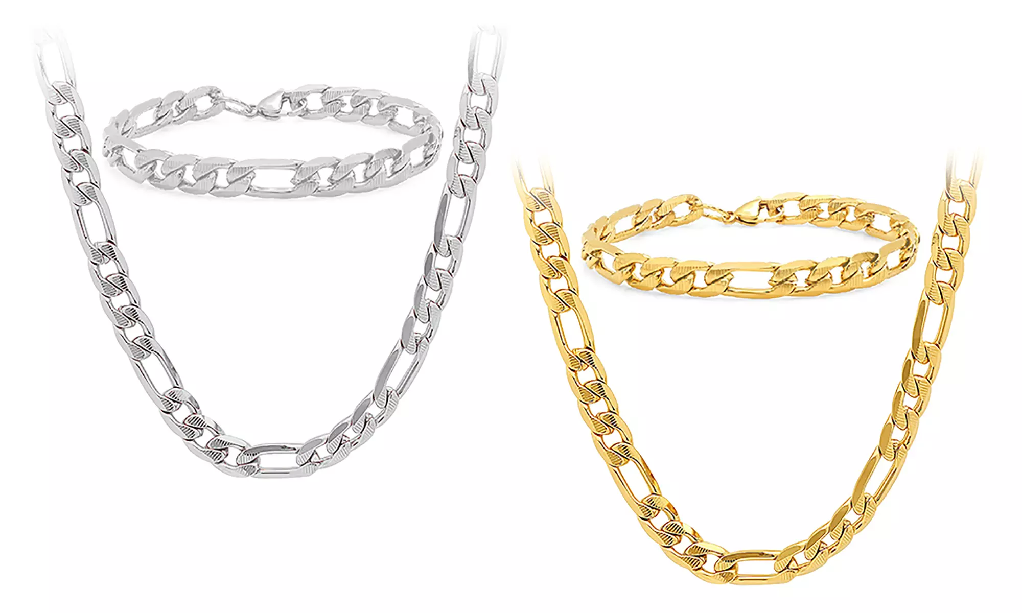 Men's Stainless Steel Figaro Chain and Bracelet Set by Steeltime - Primary Image