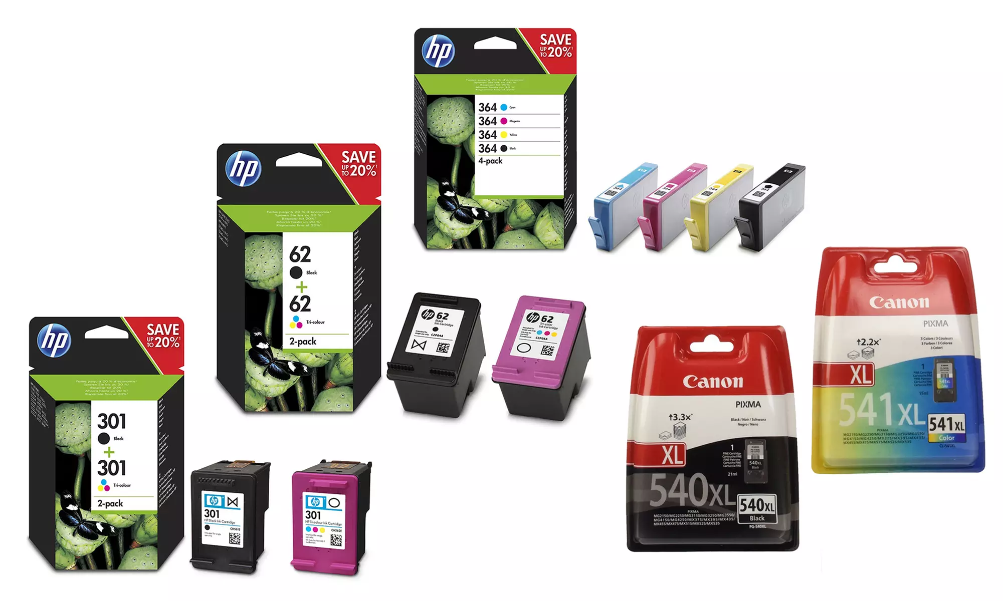 HP or Canon Original Cartridges - HP 301, 364, 302, 62, 300, Canon PG-540XL/CL-541XL, CL-541/PG-540 With Free Delivery - Primary Image