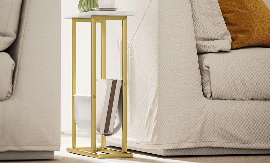 Image 4: HomCom Narrow Side Table, Chic White Marble-Effect Design