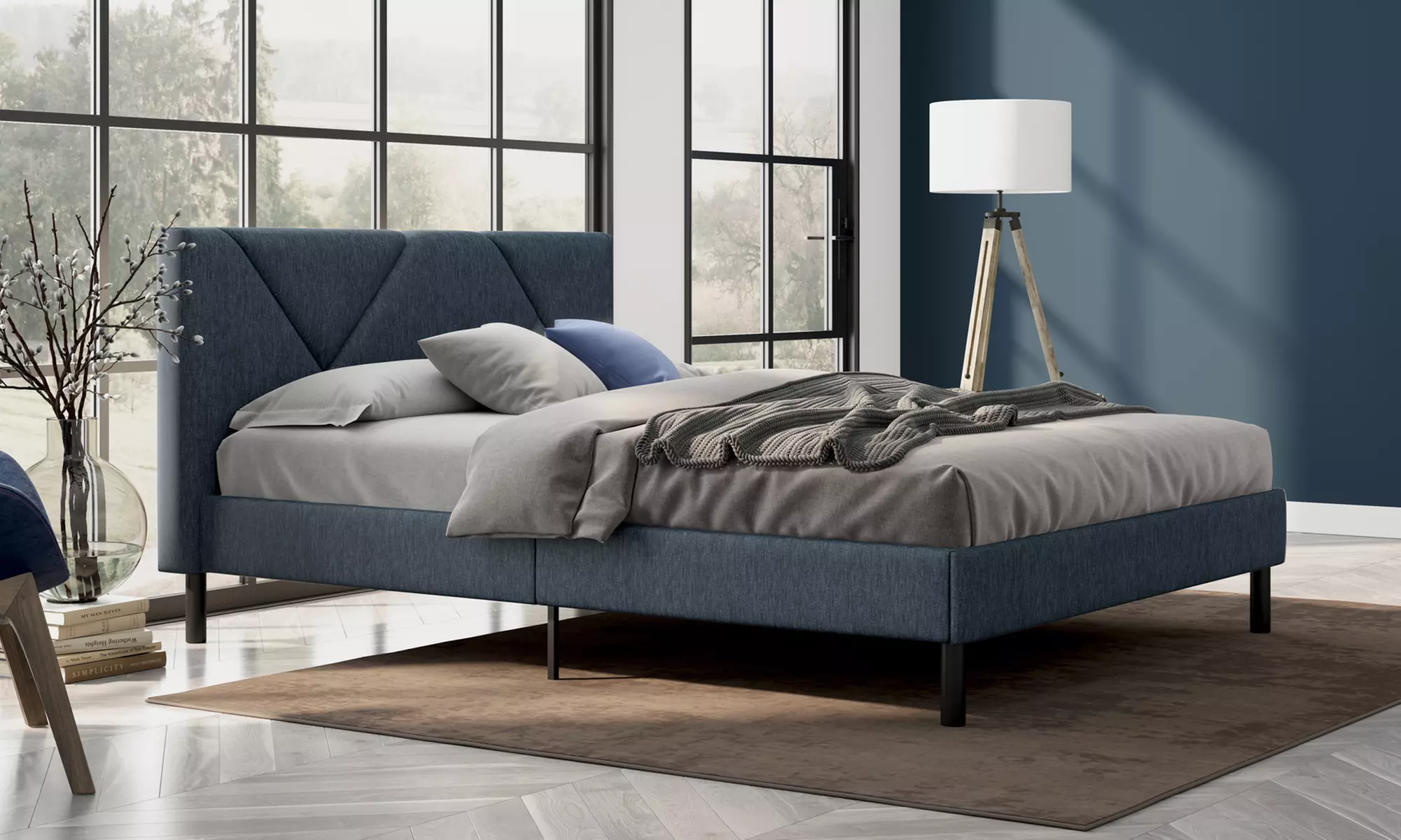 Letto imbottito in tessuto con doghe in legno e vano contenitore