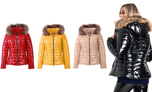 Women's Wet-Look Quilted Faux Fur Jacket with Detachable Hood