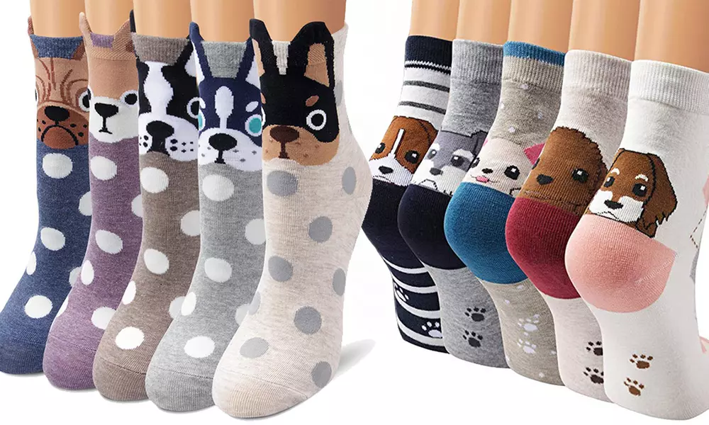 Lot de 5 ou 10 paires de chaussettes en coton imprimés chien - Primary Image