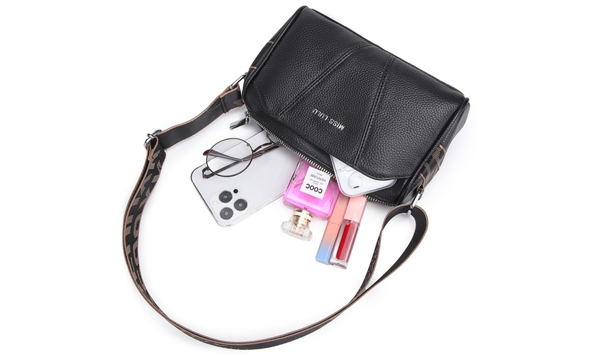 Image 8: Miss Lulu Wide Strap Leather Crossbody Bag