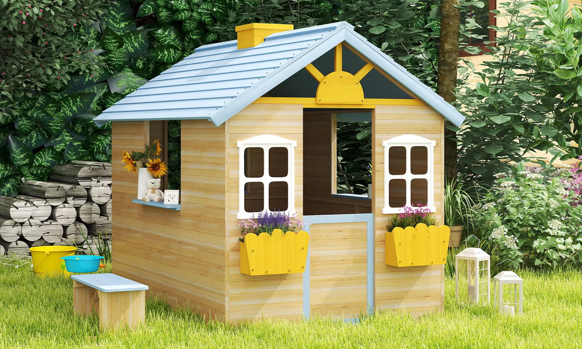 Outsunny Wooden Kids Playhouse