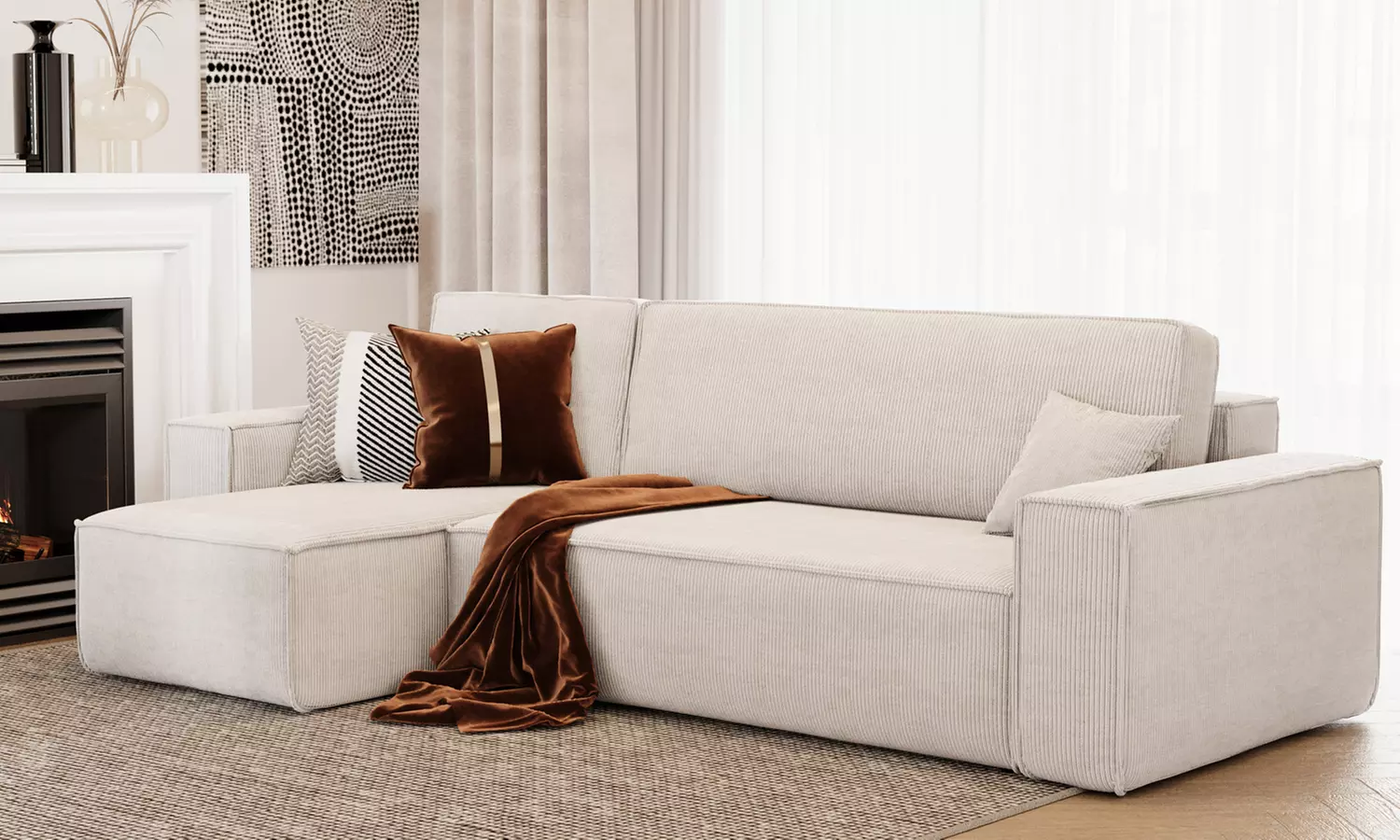 Canapé d'angle réversible et convertible en velours côtelé avec coffre