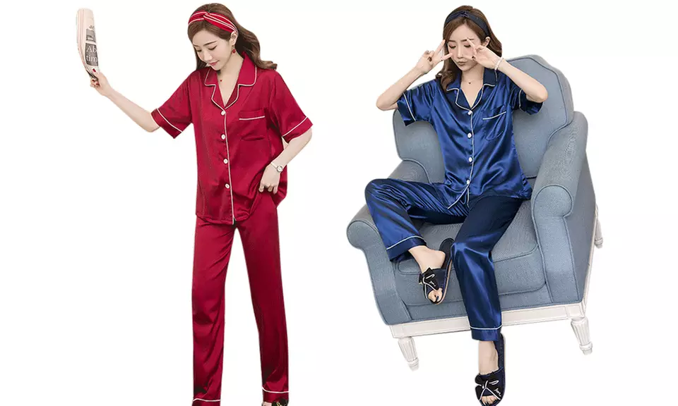 1 ou 2 pyjamas longs en satin pour femme - Primary Image