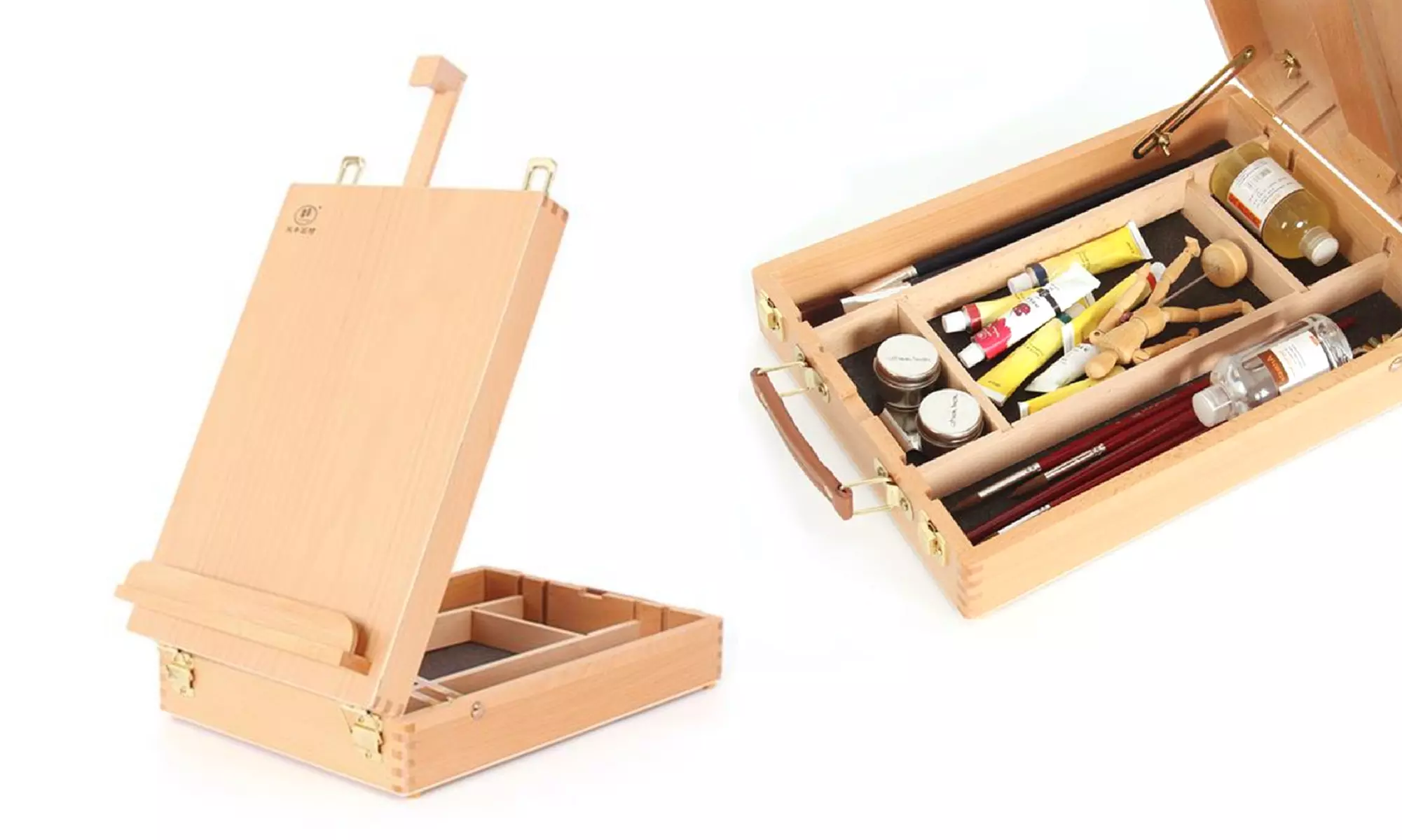 Boîte de rangement portable pour outils de peinture HBX-11 en hêtre avec chevalet - Primary Image