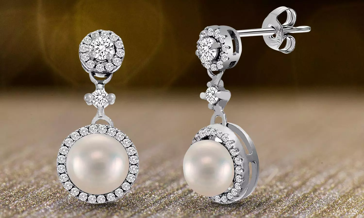 Nina & Grace Cultured Freshwater Pearl & CZ Halo Drop Earrings in Sterling Silver - Primary Image