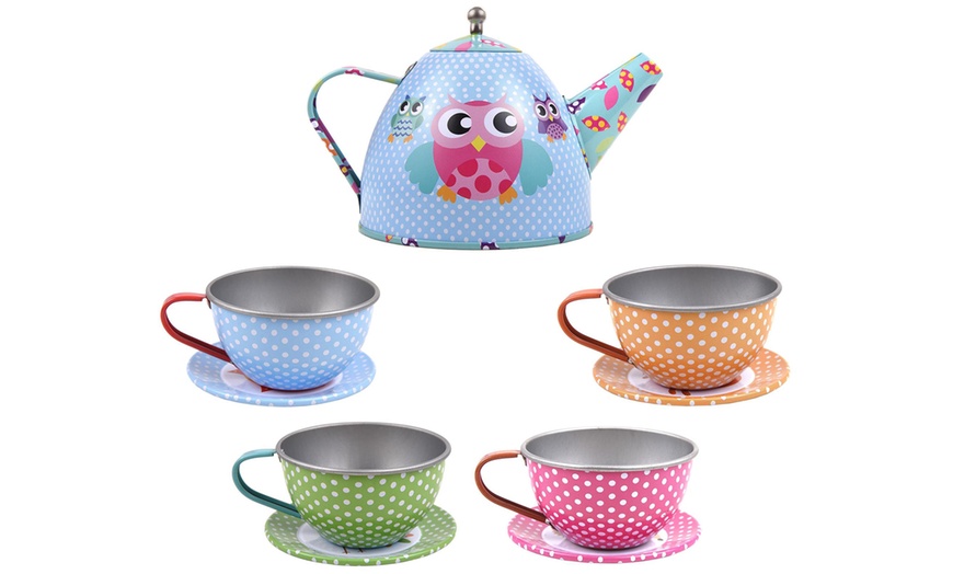 Image 10: 18-Piece Pretend Play Metal Tea Set with Carry Case