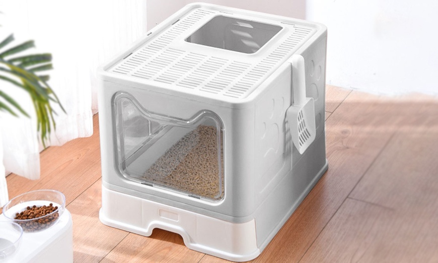 Image 1: Folding Plastic Cat Litter Box Top Entry