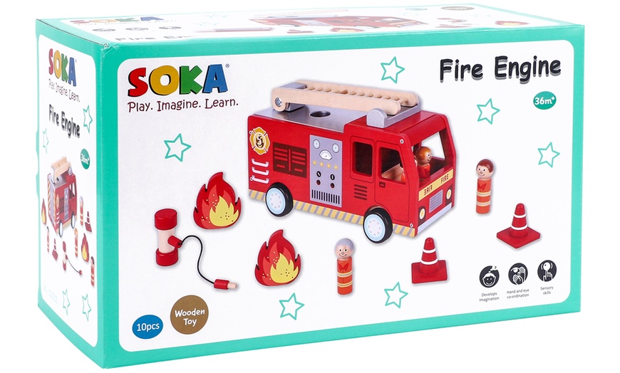 Image 8: SOKA Wooden Fire Engine Truck with Firefighter Figurines