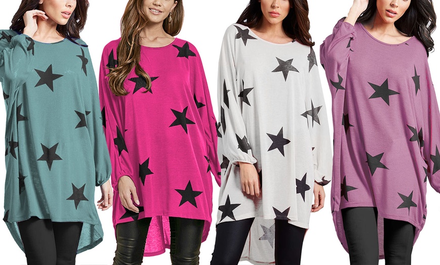 Image 1: Oversized Hi-Lo Star Print Batwing Top