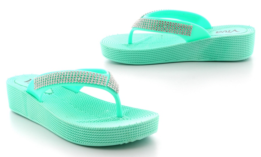 Image 7: Diamante Wedge Flip Flops