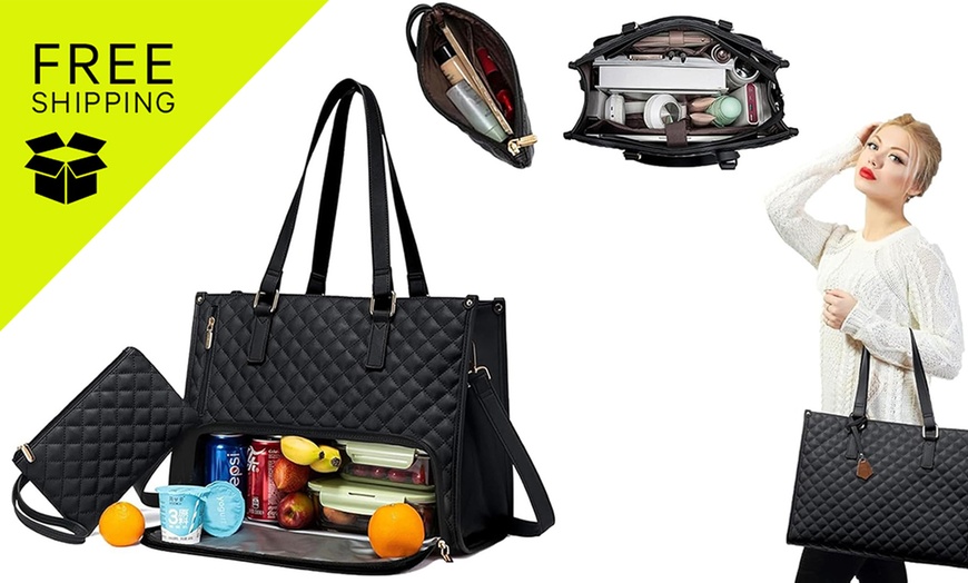 Image 1: Stylish 2-in-1 Tote Bag for Work/Travel with Insulated Lunch Section