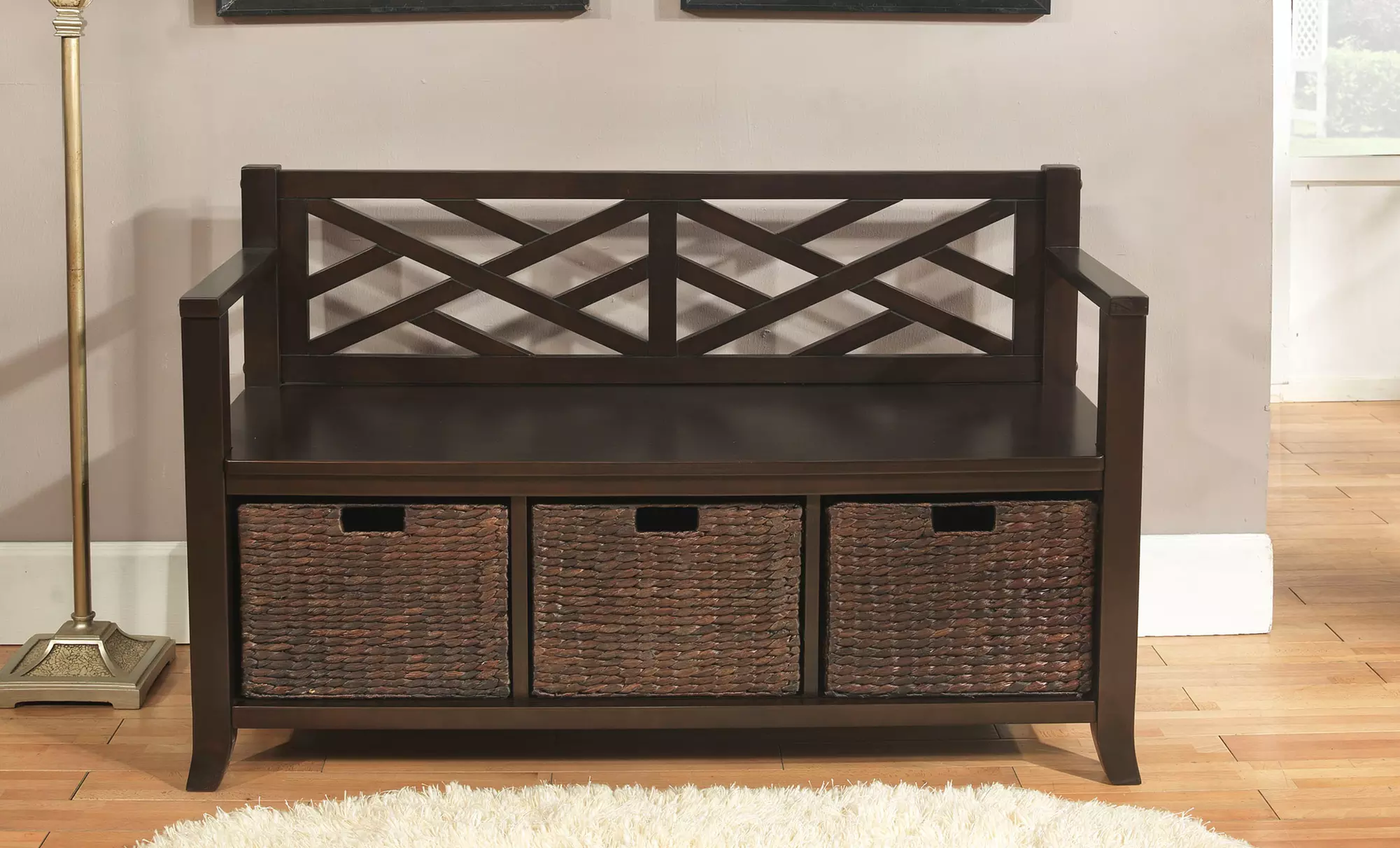 Simpli Home Espresso Brown Entryway Storage Bench with Baskets - Primary Image