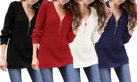 Pull long gaufré avec fermeture éclair dorée