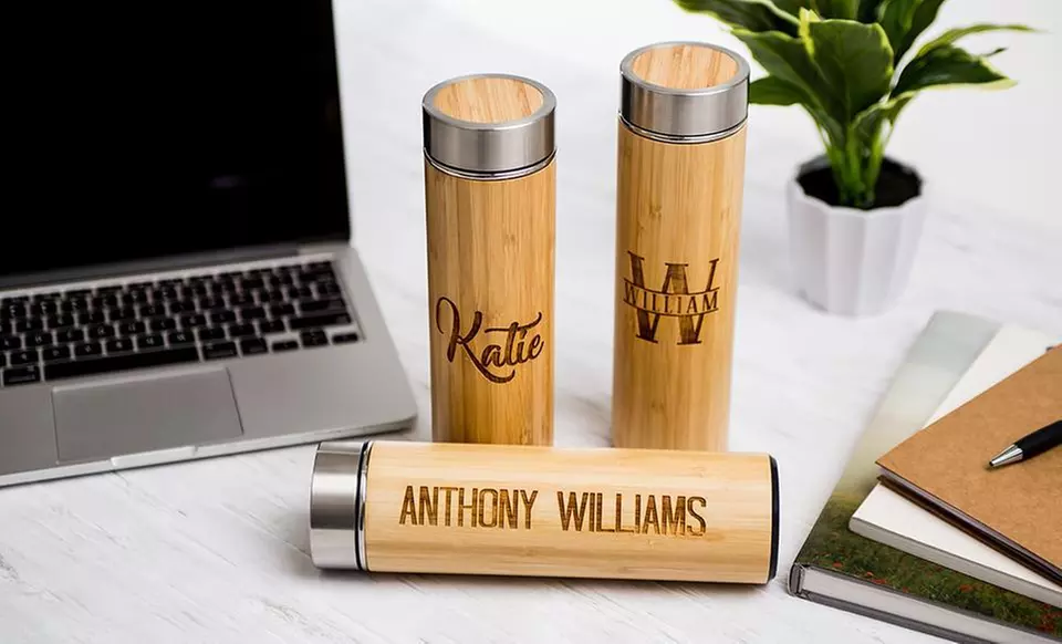 One, Two, or Three Personalized Insulated Bamboo Water Bottles from Qualtry (Up to 49% Off) - Primary Image