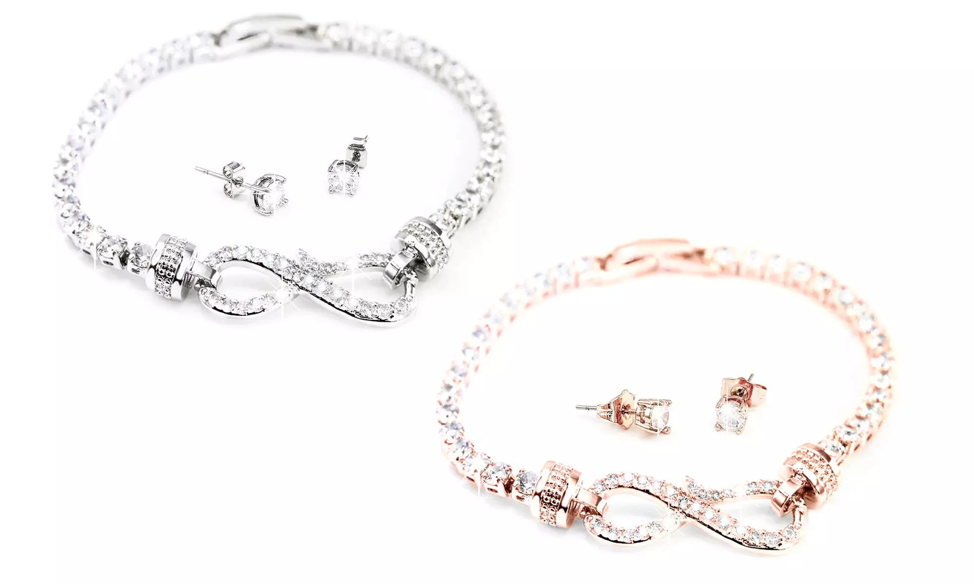 1x oder 2x Tennis-Armband und Ohrstecker in Silber oder Roségold mit Swarovski®-Kristallen für Damen - Primary Image
